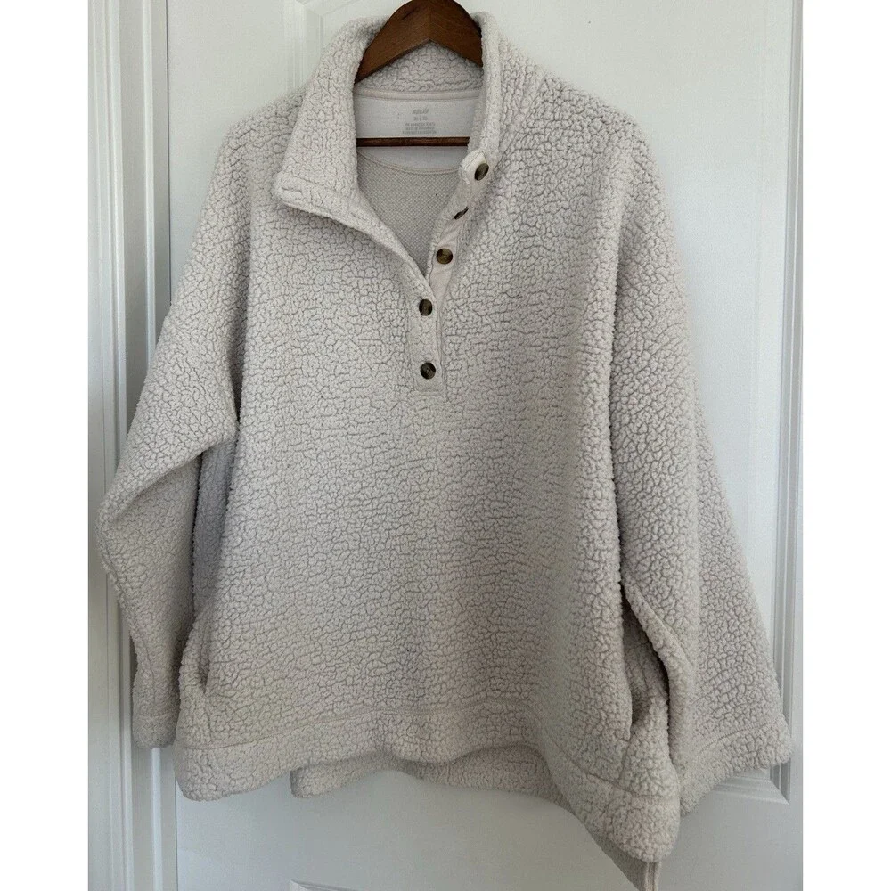 Aerie Womens Sweater Extra Large Sherpa Cozy Quarter Button Pullover Cream Teddy - Picture 2 of 11